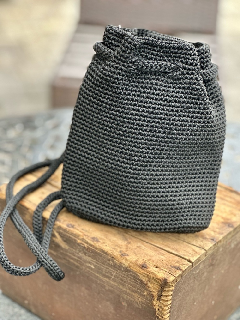 The Sak Black Crochet Bucket Bag Drawstring Crossbody Boho Backpack Purse